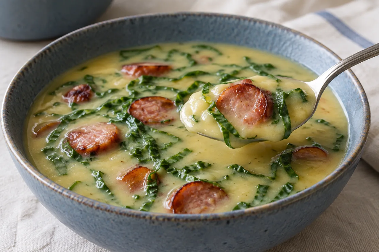 Colher com caldo de batata, tiras finas de couve e calabresa