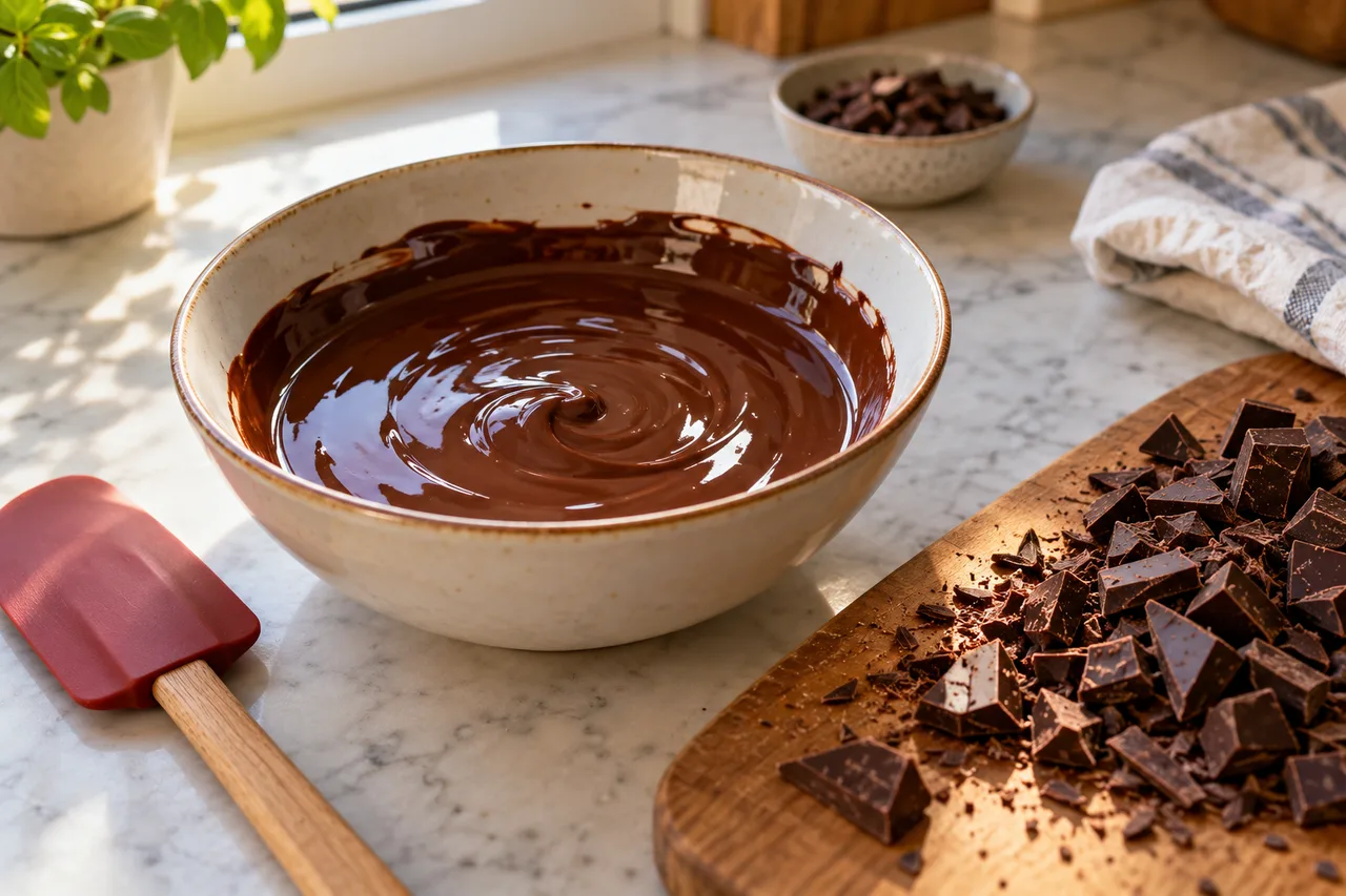 Chocolate escuro derretido em tigela com espátula seca e pedaços de barra