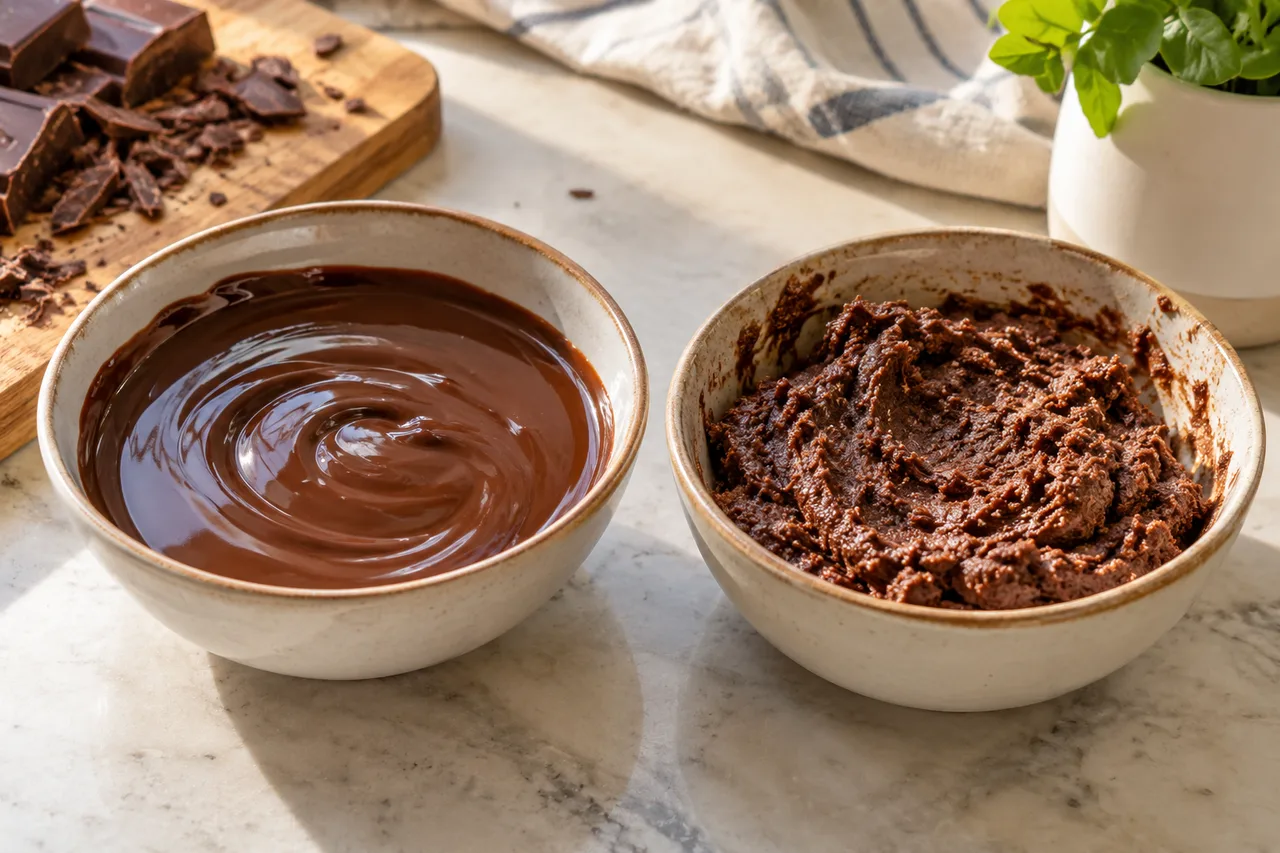 Duas tigelas mostram chocolate liso e chocolate espesso com textura irregular