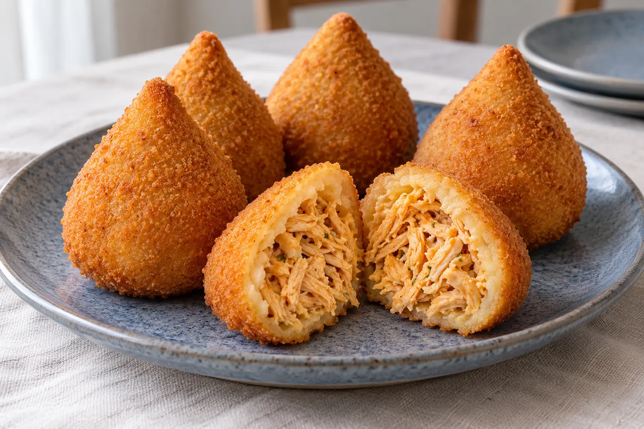 Coxinhas de frango douradas com empanamento fino