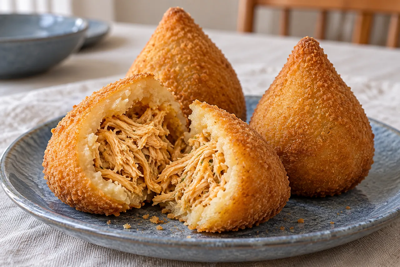 Coxinha aberta mostrando massa cozida e recheio de frango