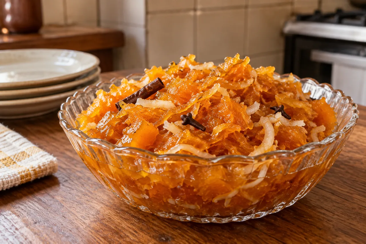 Doce de abóbora alaranjado com coco e especiarias