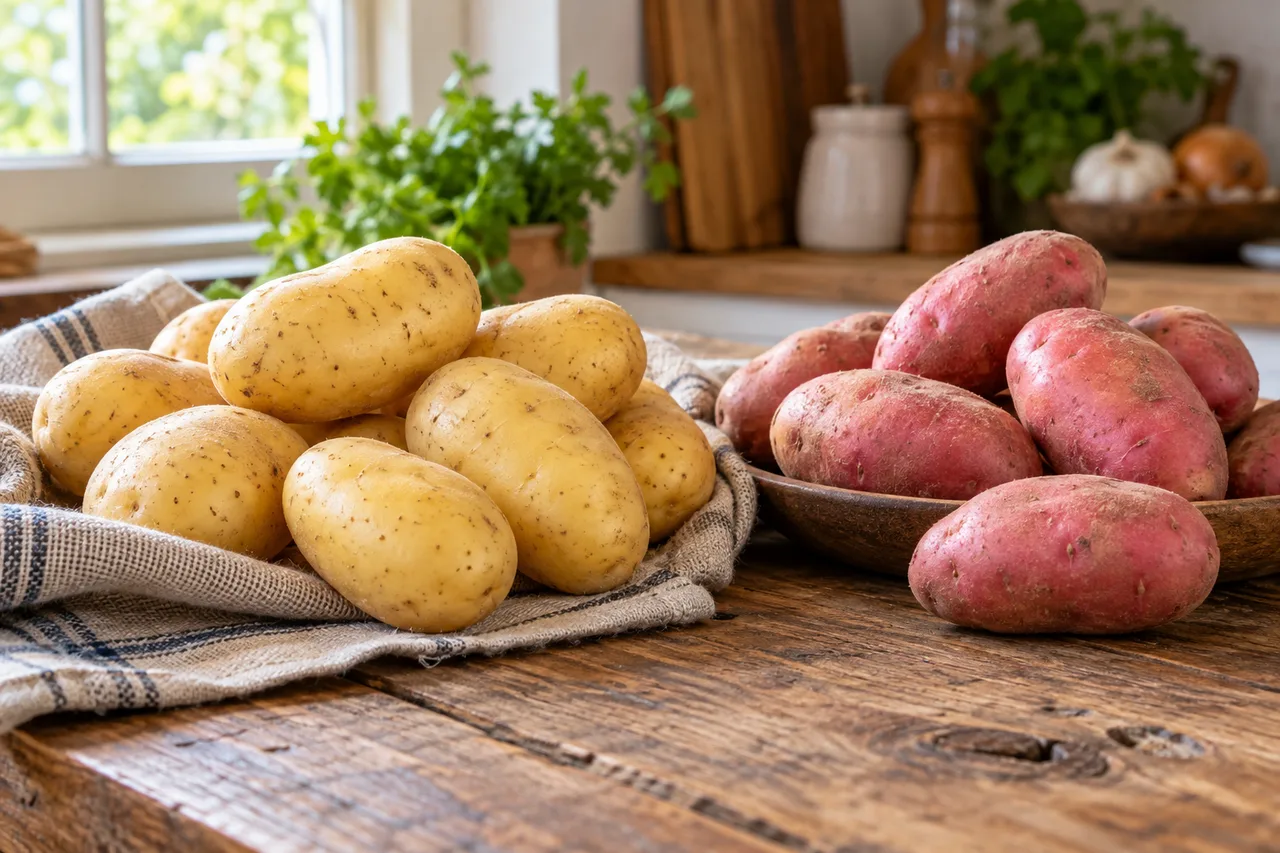 Batatas de casca clara e rosada separadas sobre uma mesa