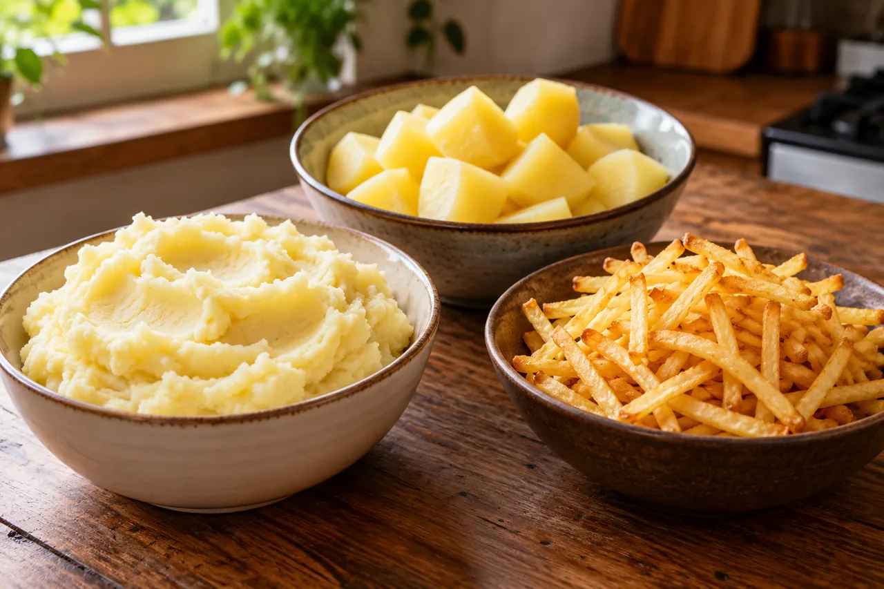 Purê, cubos cozidos e palitos de batata em três recipientes