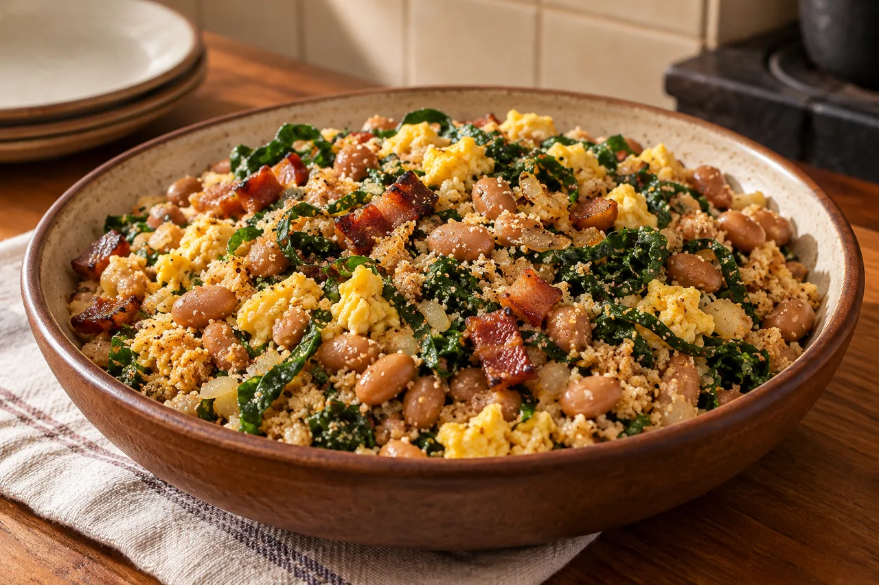 Feijão tropeiro com ovos, couve, bacon e farinha de mandioca
