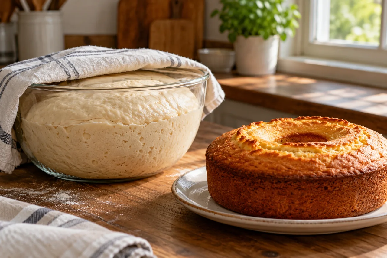 Massa de pão crescida em tigela ao lado de um bolo simples assado