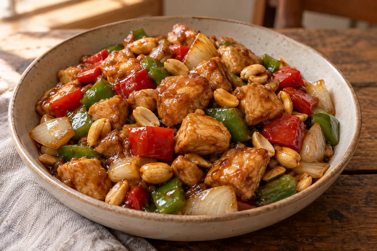 Cubos de frango e legumes envolvidos por uma camada fina de molho