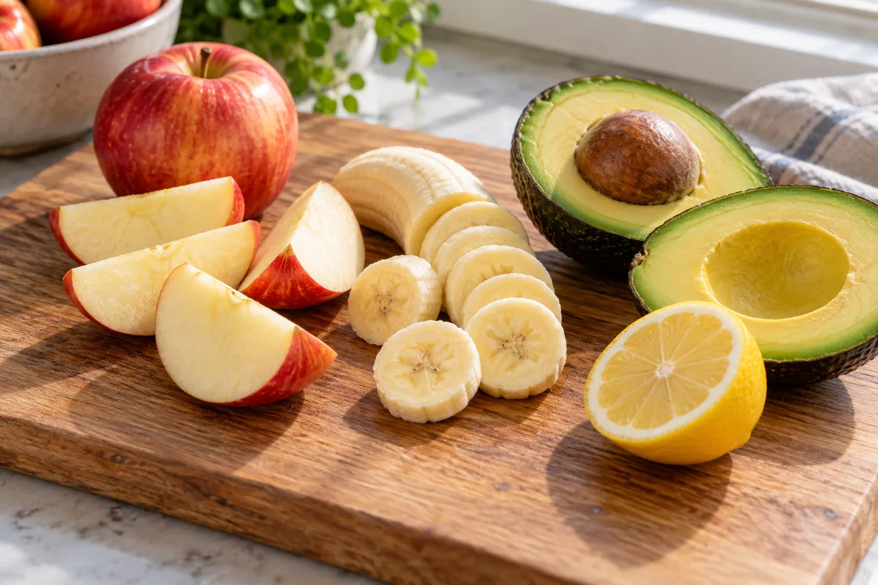 Maçã, banana e abacate cortados com limão sobre uma tábua