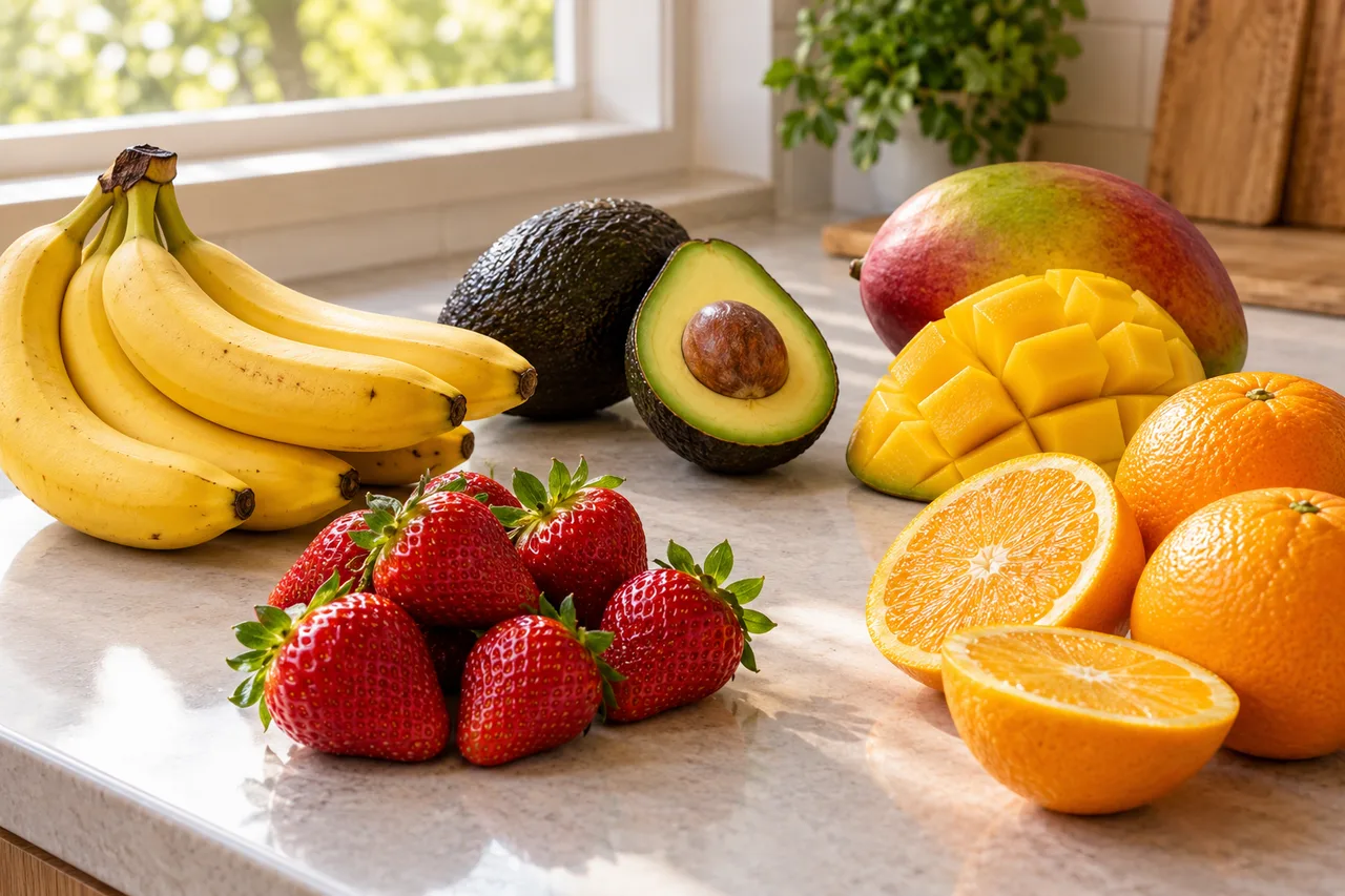 Bananas, abacate, manga, morangos e laranjas sobre uma bancada
