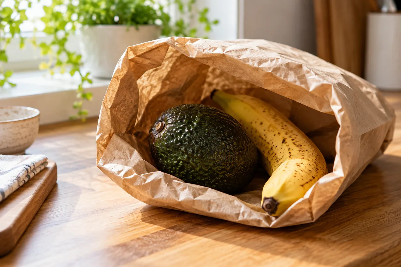 Abacate e banana madura em saco de papel aberto