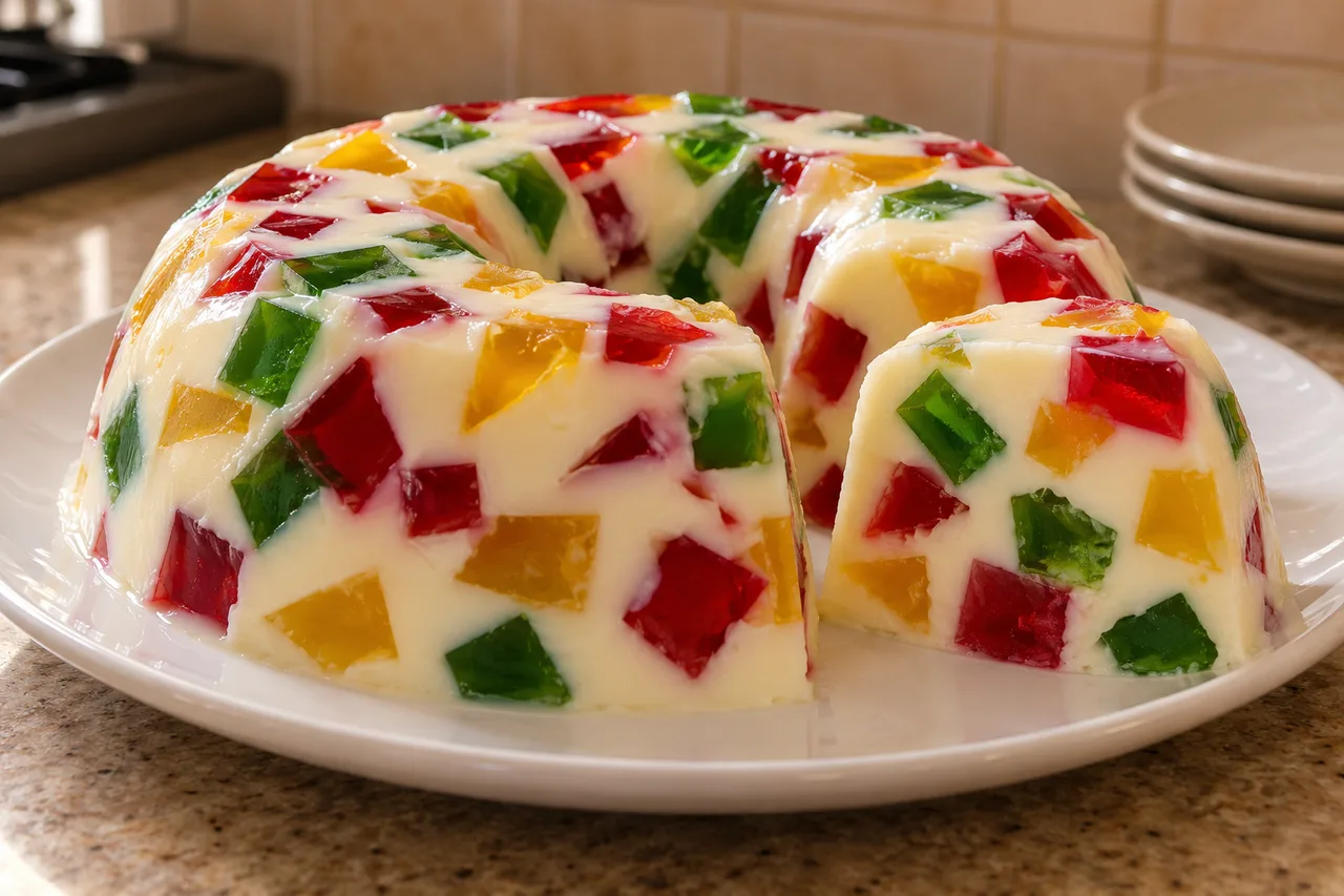 Gelatina mosaico em anel com cubos vermelhos, amarelos e verdes