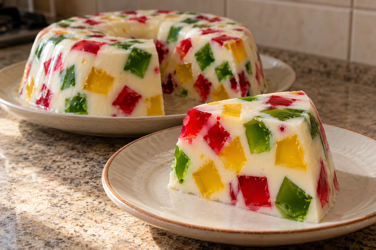 Fatia de gelatina mosaico com cubos definidos no creme branco