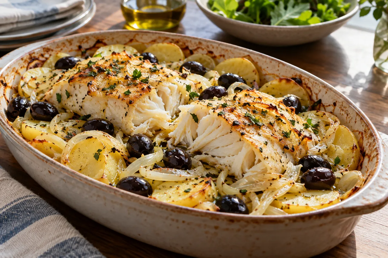 Bacalhau assado com batatas, cebola, azeite e azeitonas em uma travessa de cerâmica