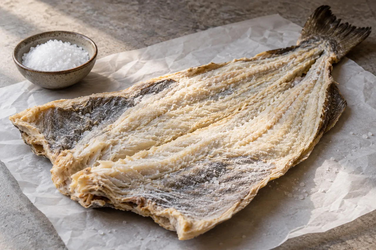 Peça de bacalhau salgado e seco sobre papel próprio para alimentos, ao lado de sal grosso