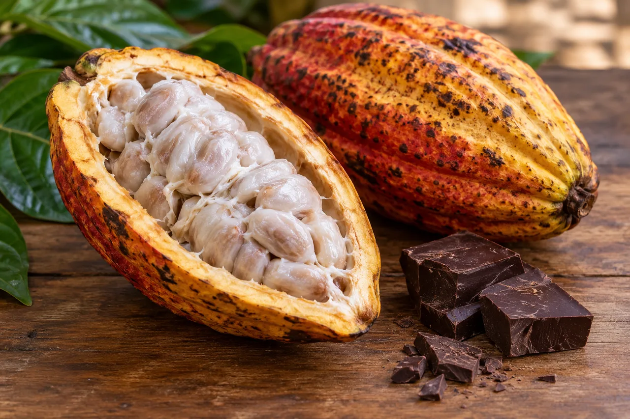 Fruto de cacau aberto com polpa branca e sementes, ao lado de pedaços de chocolate escuro