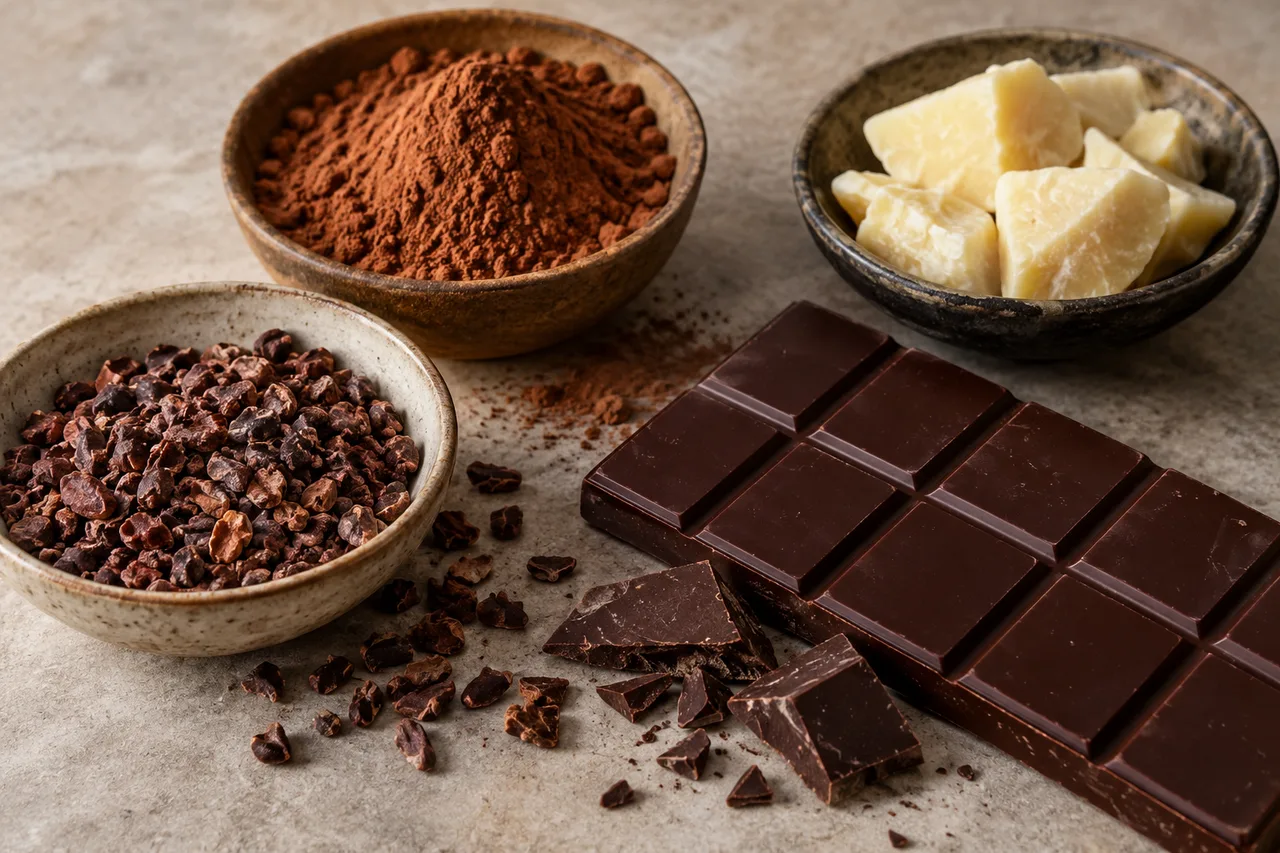 Nibs, cacau em pó, manteiga de cacau clara e uma barra de chocolate em recipientes separados