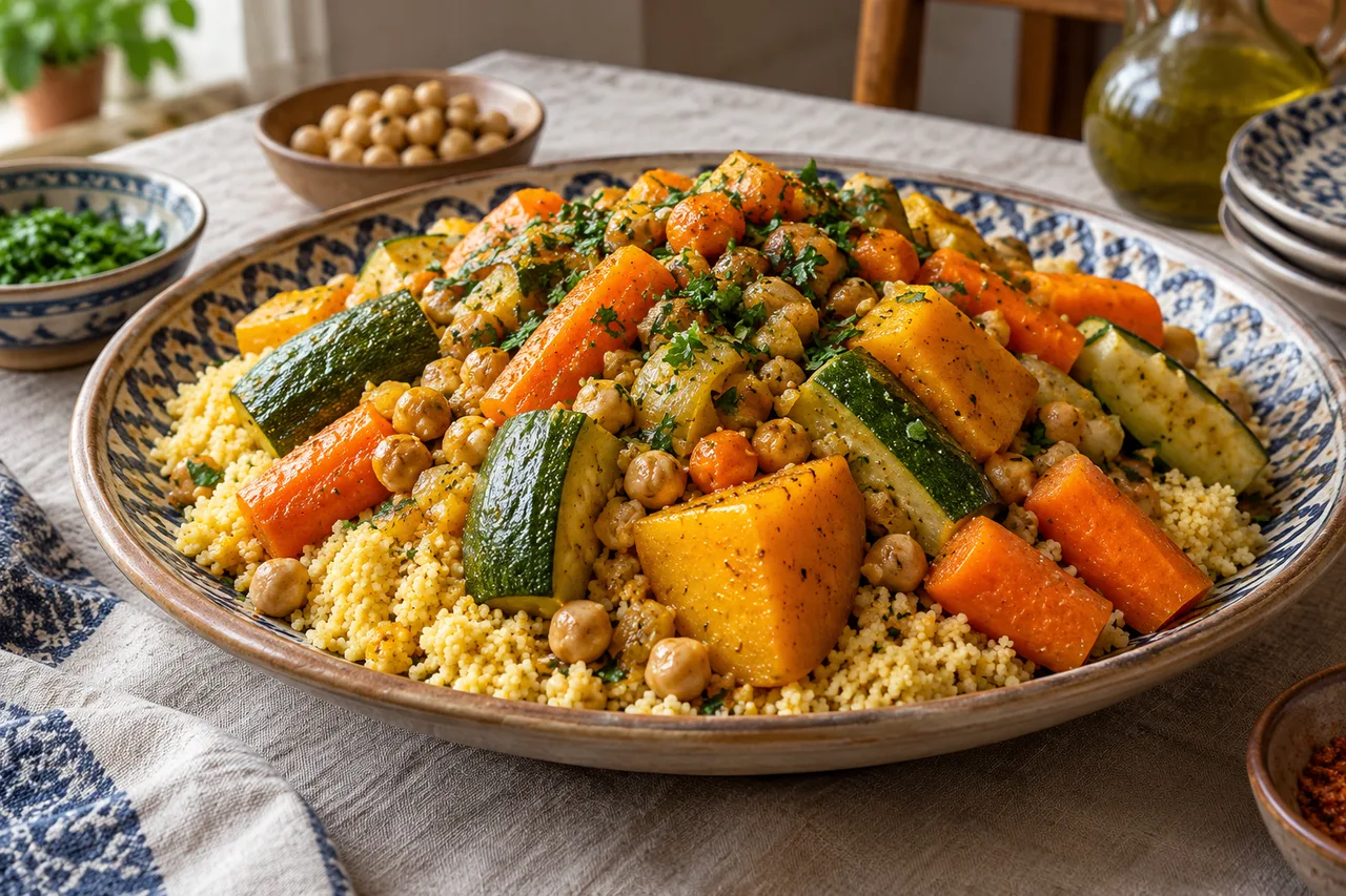 Cuscuz de sêmola com legumes e grão-de-bico em uma travessa ampla