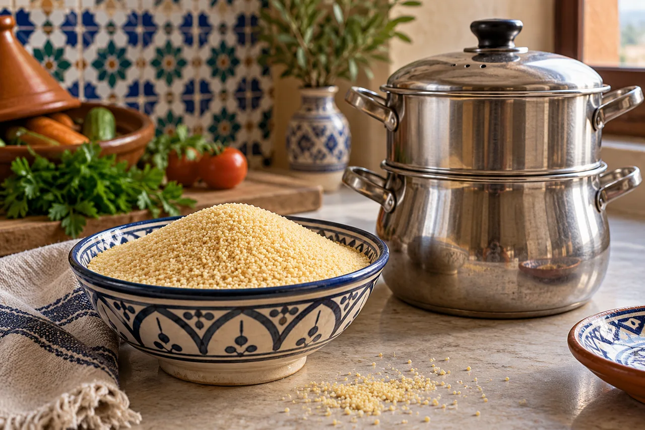 Grânulos de cuscuz de sêmola ao lado de uma panela de dois níveis