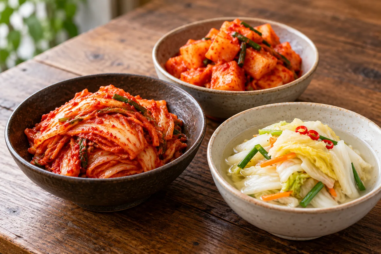 Três tigelas com kimchi de acelga vermelho, kimchi de rabanete em cubos e kimchi branco