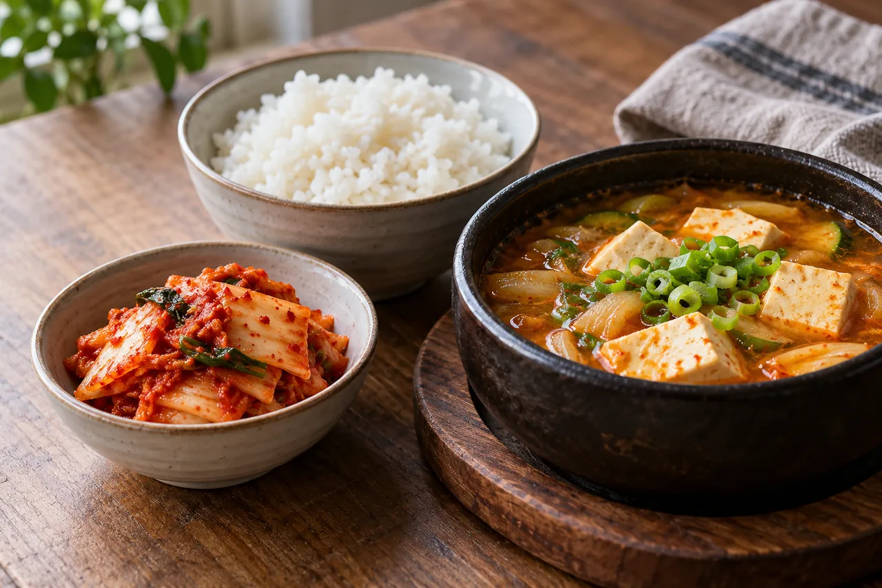 Pequena porção de kimchi ao lado de arroz branco e sopa com tofu em tigelas de cerâmica