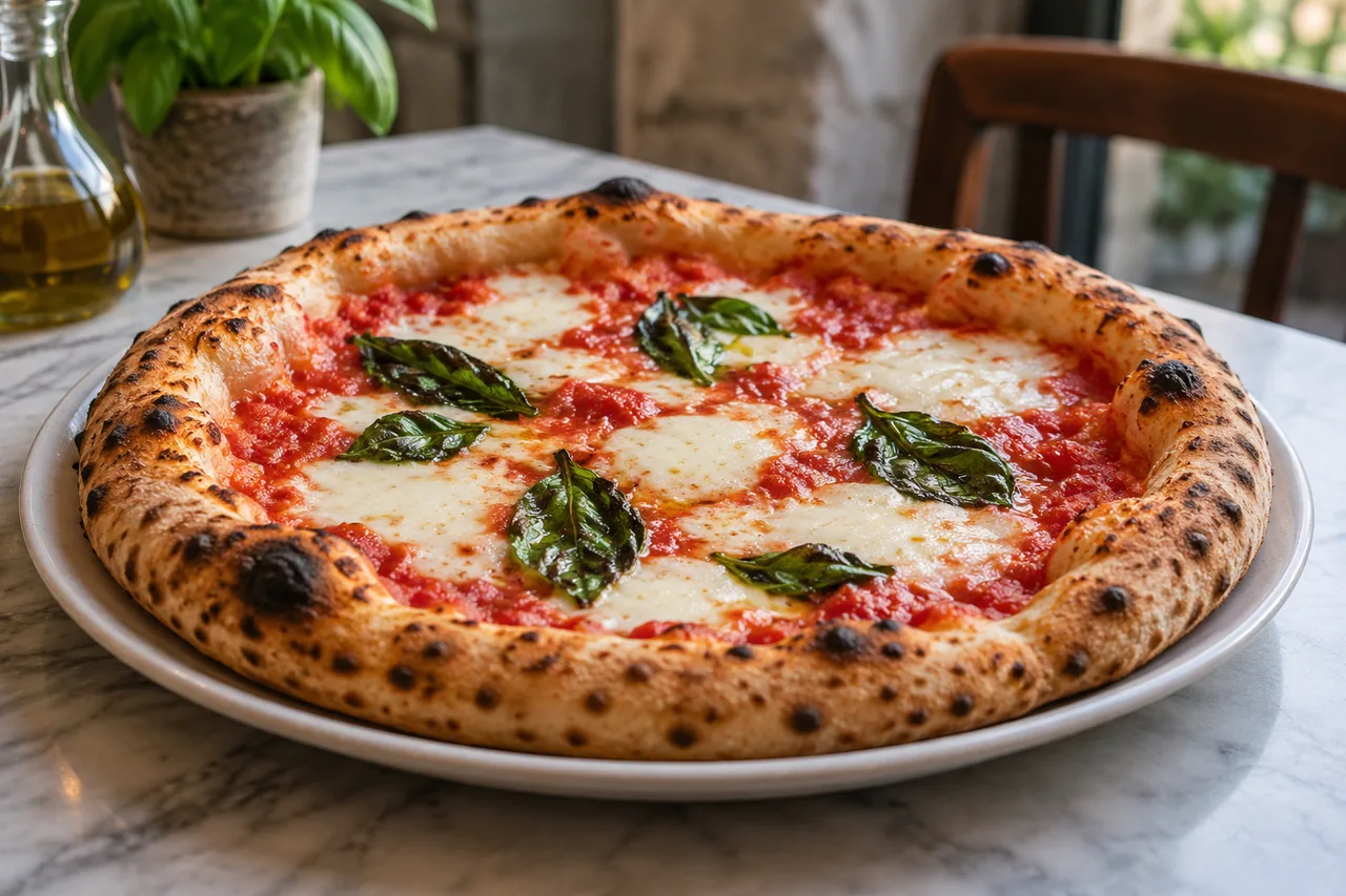 Pizza margherita de estilo napolitano com tomate, muçarela e manjericão