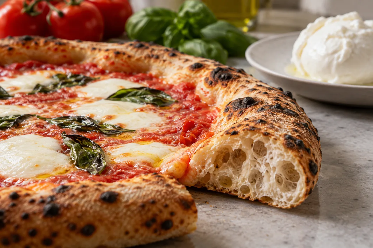 Interior aerado da borda de uma pizza ao lado de tomate e muçarela