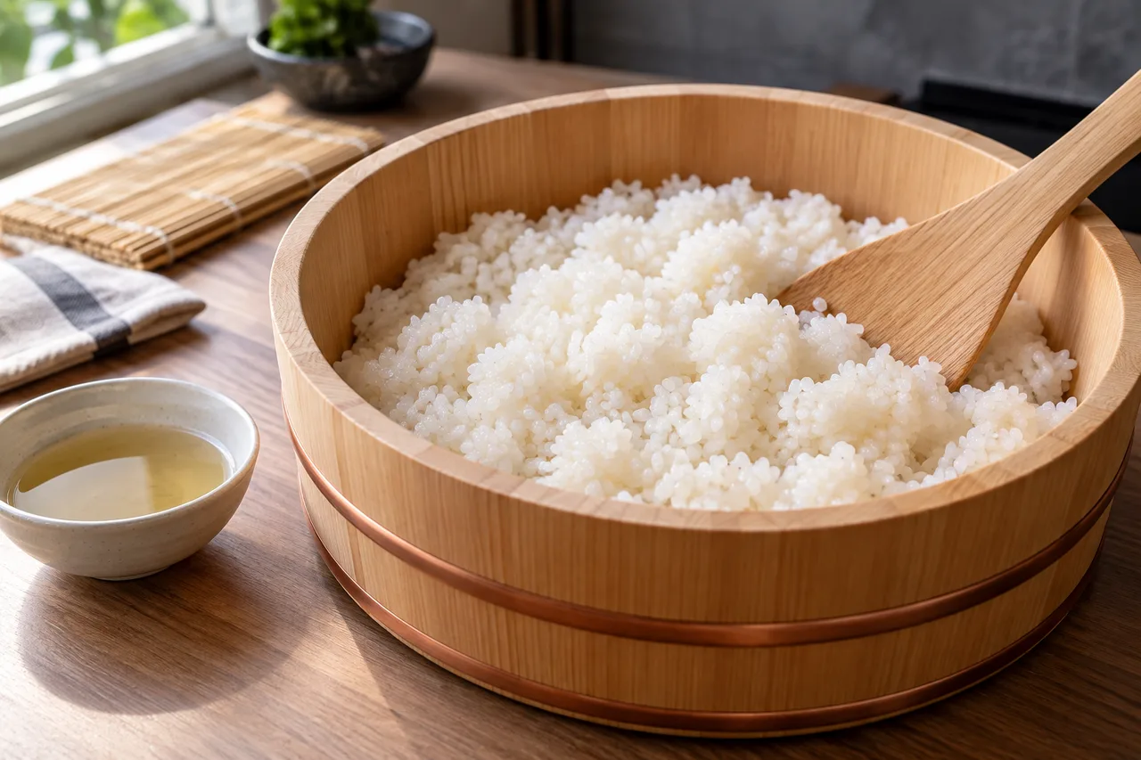 Arroz de grãos curtos em recipiente de madeira com pá e vinagre ao lado