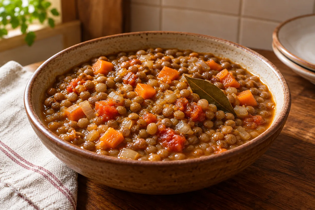 Lentilha com cenoura e tomate servida com caldo encorpado