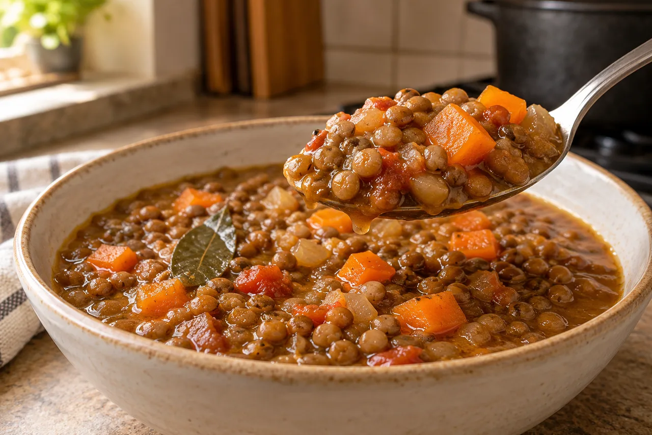 Colher com lentilhas macias inteiras, cenoura e caldo espesso