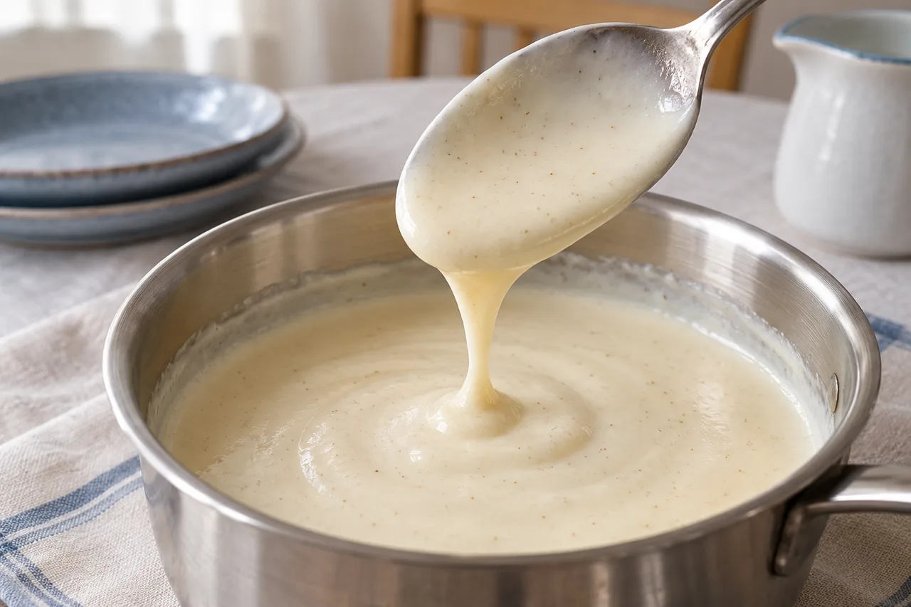 Molho branco cobrindo o verso de uma colher sobre a panela