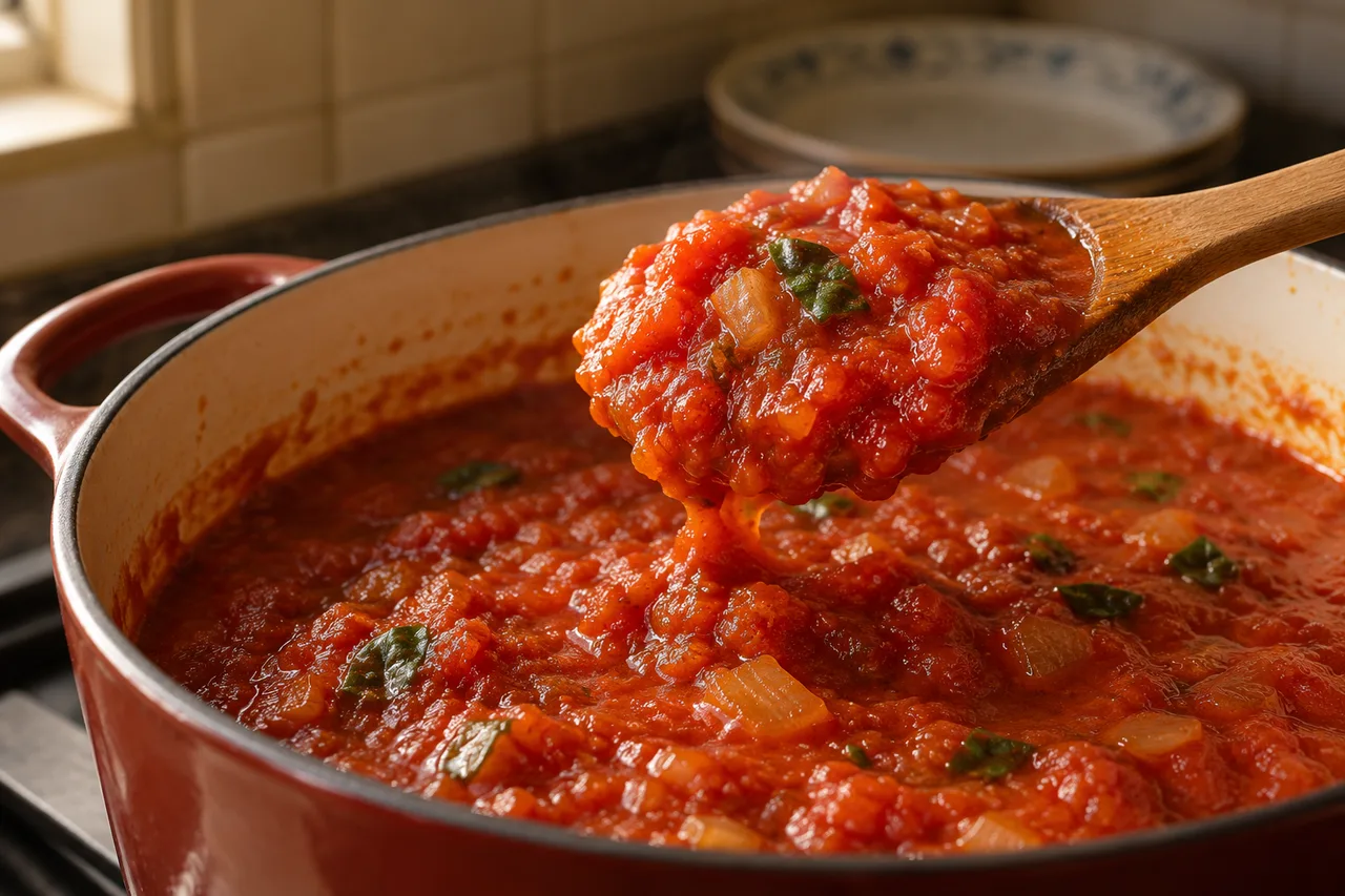 Molho de tomate espesso cobrindo uma colher de madeira