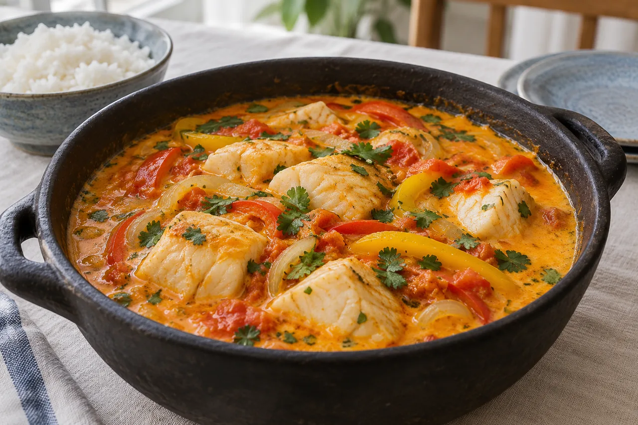 Moqueca de peixe com tomate, pimentão e caldo de leite de coco