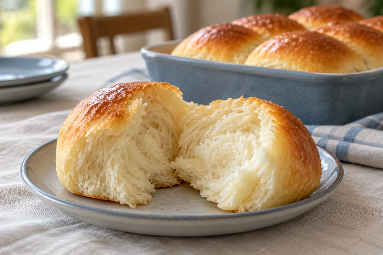 Pão de batata aberto mostrando miolo macio e claro