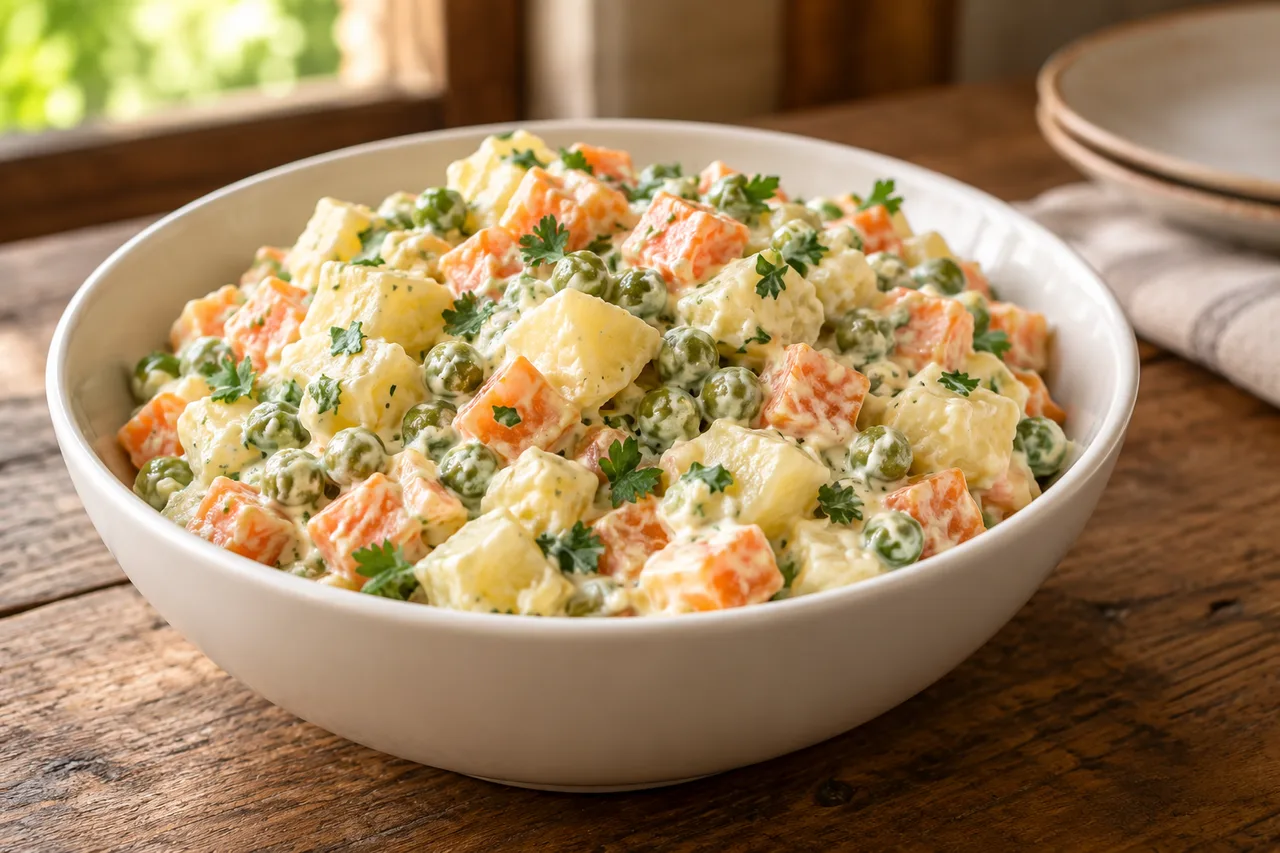 Salada de batata com cenoura, ervilha e maionese