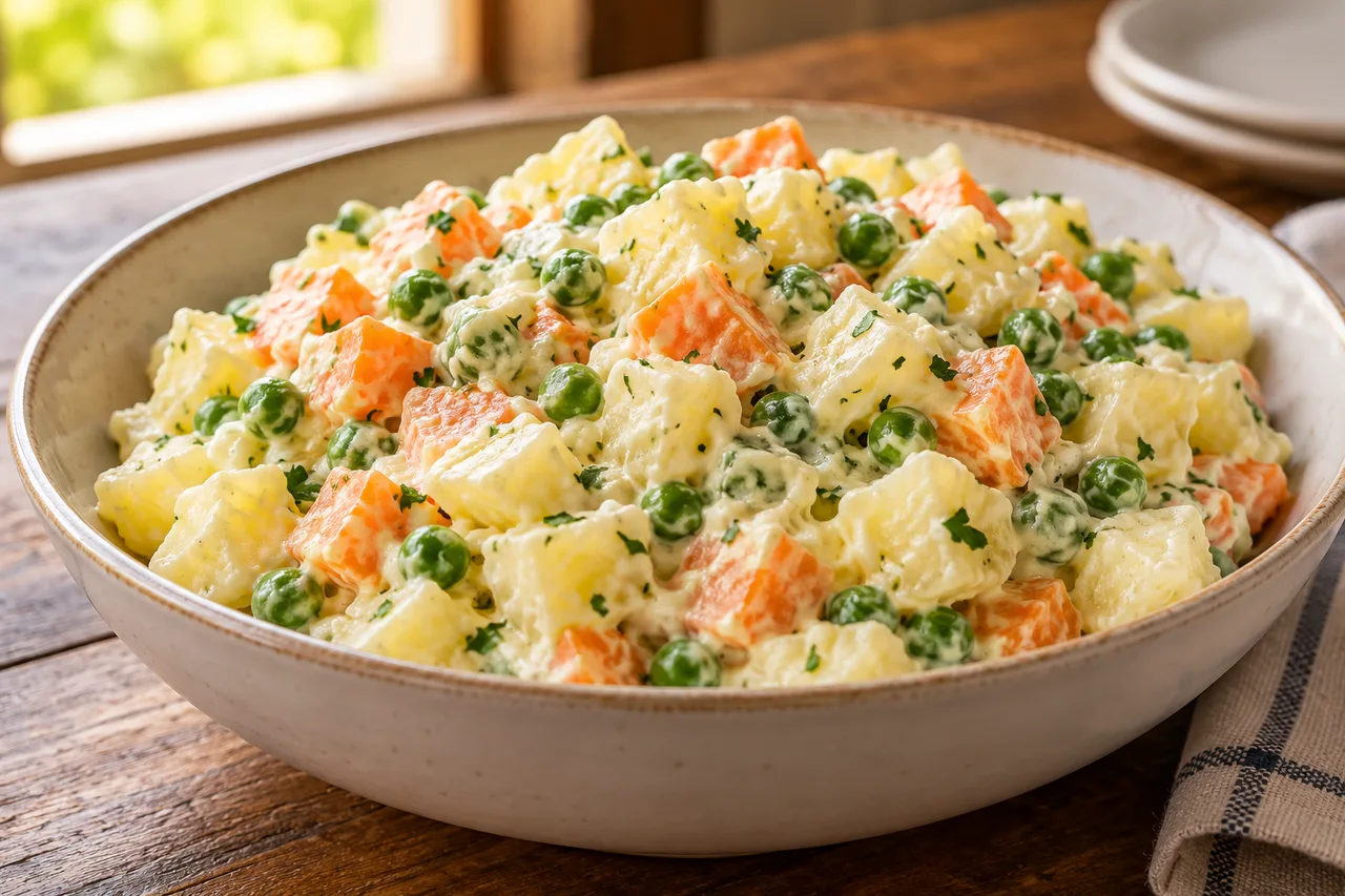Cubos de batata e cenoura inteiros envolvidos por maionese