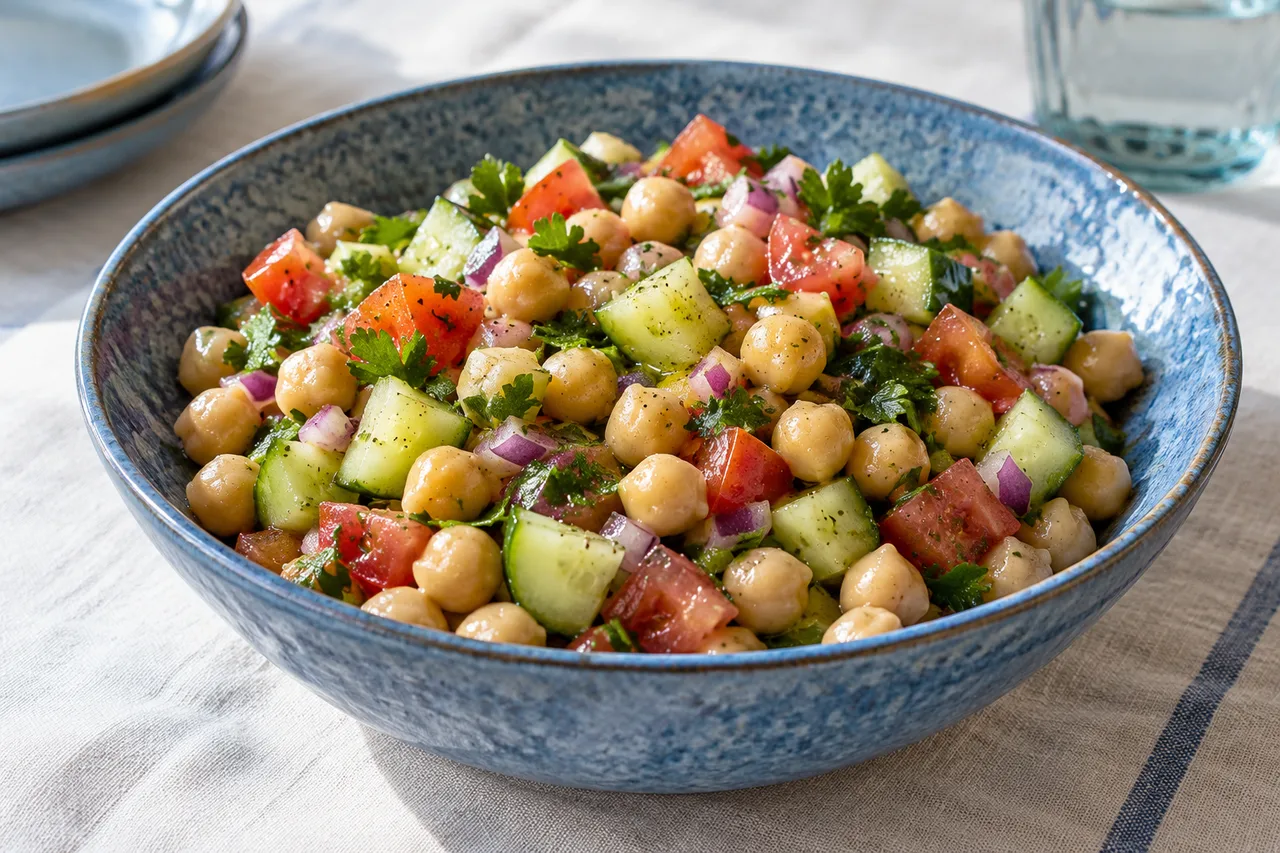 Salada de grão-de-bico com tomate, pepino e cebola-roxa