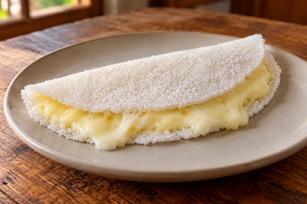 Tapioca branca dobrada com recheio de queijo derretido