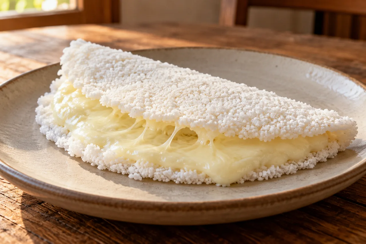 Borda de tapioca mostrando disco fino e queijo derretido