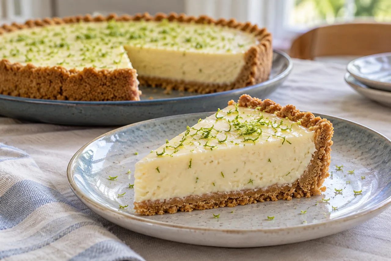 Fatia de torta de limão com base compacta e recheio cremoso